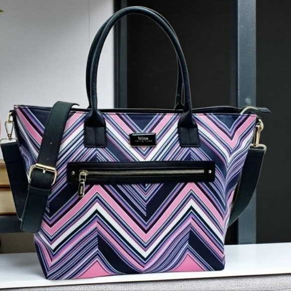 Trina Turk Pink and Black Chevron Tote - Picture 1 of 5